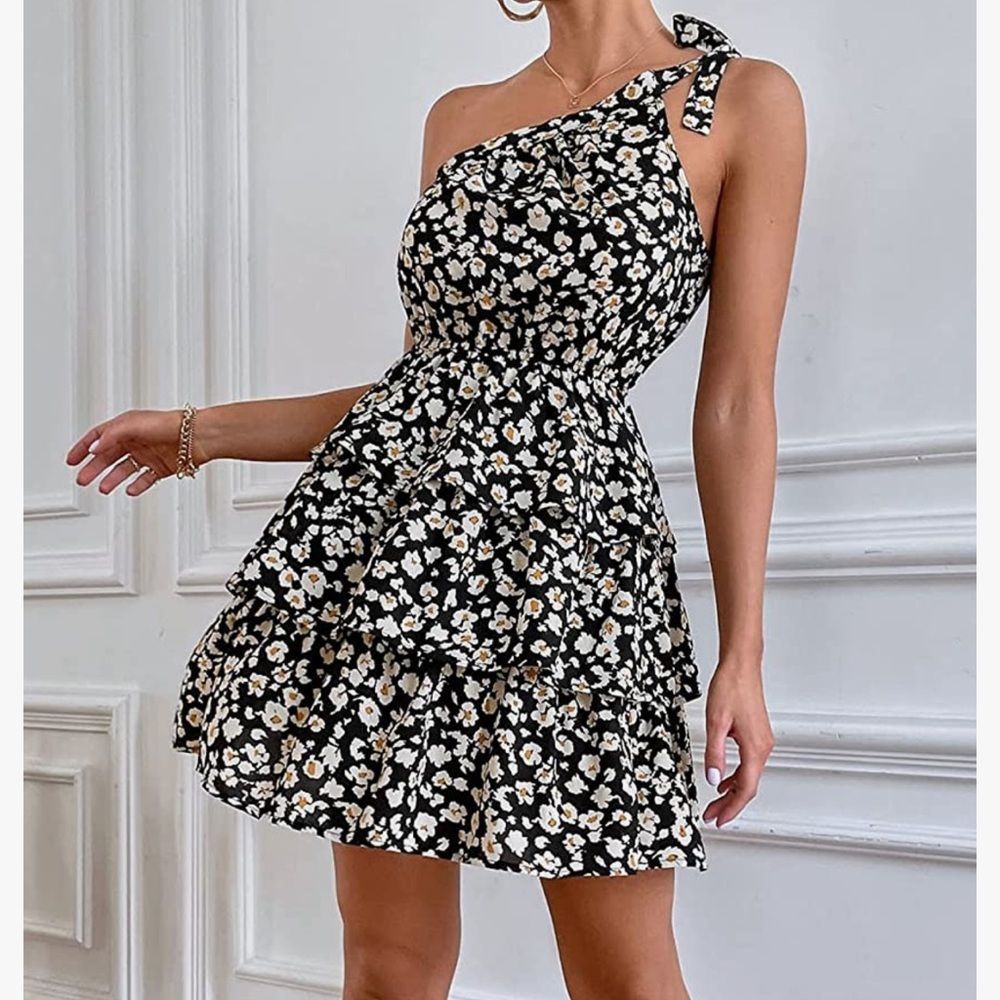 ⭐️One Shoulder Boho Floral Elastic Waist Tiered Ruffle A Line Flowy Dress⭐️